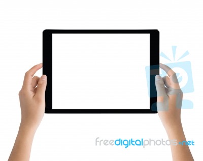 Hand Holding Black Tablet Isolated On White Clipping Path Inside Easy Adjustment Stock Photo