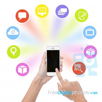 Hand Holding Cell Phone With Application Icons Stock Photo