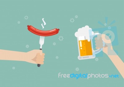 Hand Holding Grilled Sausage On The Fork And Hand With Glass Of Stock Image