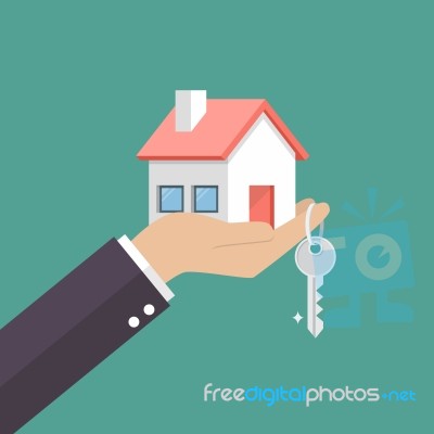 Hand Holding Home In Palm And Key On Finger Stock Image