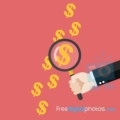 Hand Holding Magnifying Glass Over Money Print Stock Image