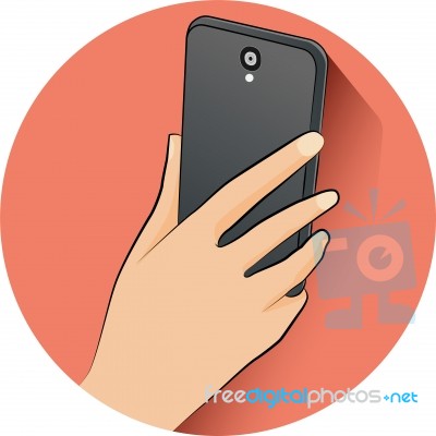 Hand Holding Mobile Phone In Flat Design Style With Blank Screen… Stock Image