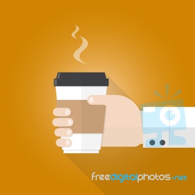 Hand Holding Paper Cup Of Coffee Flat Design Stock Image