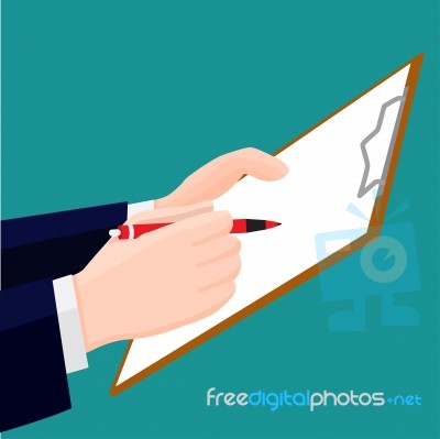 Hand Holding Pen, Pencil With Clipboard- Illustration Stock Image