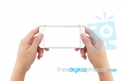 Hand Holding Phone Blank Screen Isolated White Background With Clipping Path Inside Stock Photo