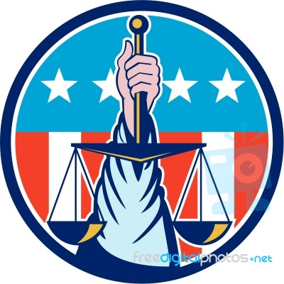 Hand Holding Scales Of Justice Circle Retro Stock Image