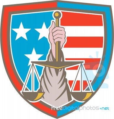 Hand Holding Scales Of Justice Shield Retro Stock Image