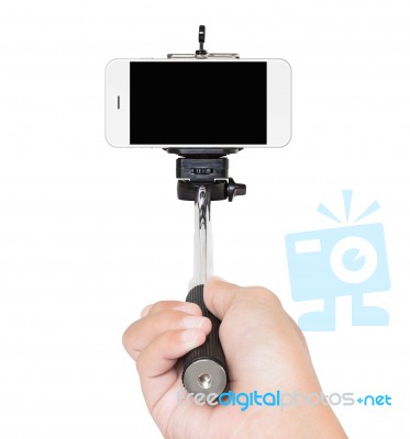 Hand Holding Selfie Stick Isolated White Clipping Path Inside Stock Photo