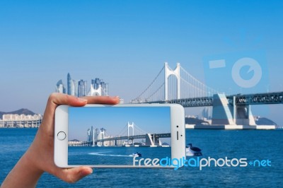 Hand Holding Smart Phone Take A Photo At Gwangan Bridge And Haeundae Sea Stock Photo