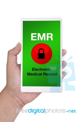 Hand Holding Smartphone Showing Electronic Medical Record Menu O… Stock Photo