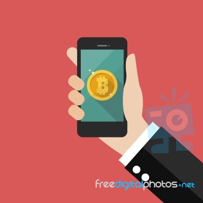 Hand Holding Smartphone With Bitcoin Currency Stock Image