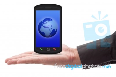 Hand Holding Smartphone With World Stock Image