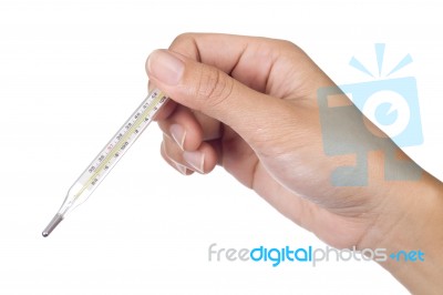 Hand Holding Thermometer Stock Photo