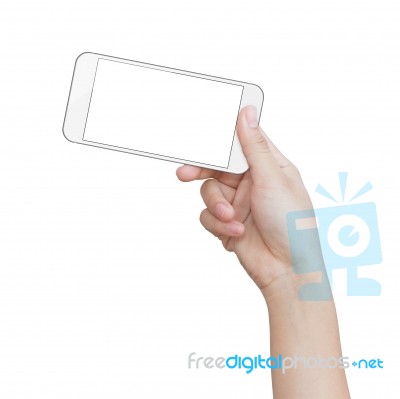 Hand Holding White Phone Isolated On White Clipping Path Inside Image Data Stock Photo