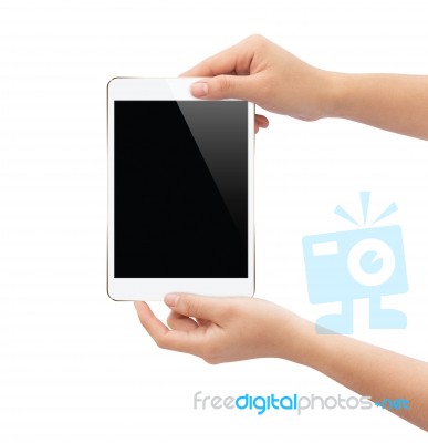 Hand Holding White Tablet Isolated On White Clipping Path Inside… Stock Photo