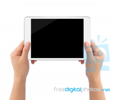 Hand Holding White Tablet Isolated On White Clipping Path Inside Easy Adjusment Stock Photo