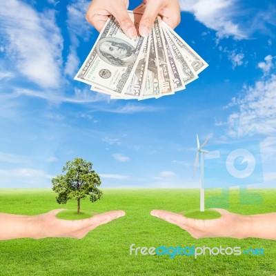 Hand Holding Wind Turbine With Tree And Us Dollars Banknote Stock Photo