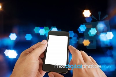 Hand Man With Smart Phone Mobile On Night City Stock Photo