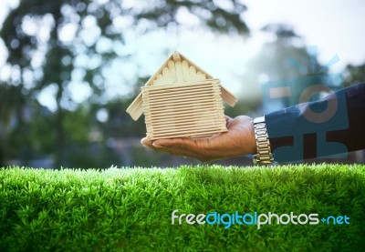 Hand Of Business Man And Wood House Model On Beautiful Green Gra… Stock Photo