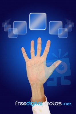 Hand Of Man Calling For Help From Helpdesk System Stock Photo