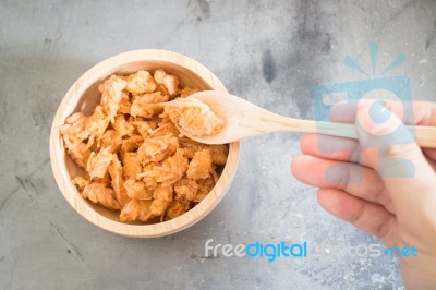 Hand On Fried Crispy Shrimp Head Stock Photo