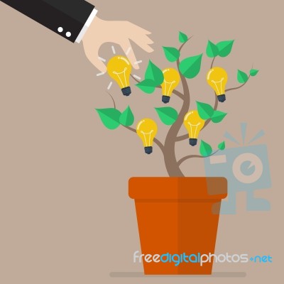 Hand Pick Lightbulb Idea From Tree Stock Image