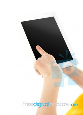 Hand pressing Ipad Stock Photo