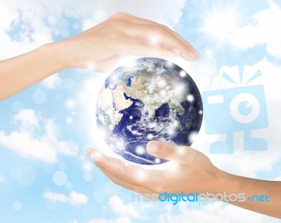 Hand Protect Earth Environment, Earth Element Finished By Nasa Stock Photo