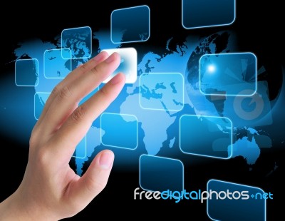 Hand Pushing A Button On A Touch Screen Interface Stock Photo