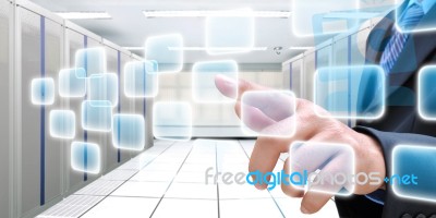 Hand Pushing A Button On A Touch Screen Interface Stock Photo