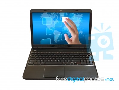 Hand Pushing Button On Laptop Stock Photo