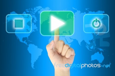 Hand Pushing Media Player Button Stock Photo