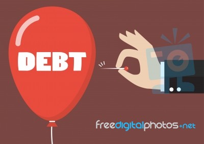 Hand Pushing Needle To Pop The Debt Balloon Stock Image