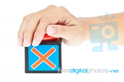 Hand Pushing On Red Button Stock Photo