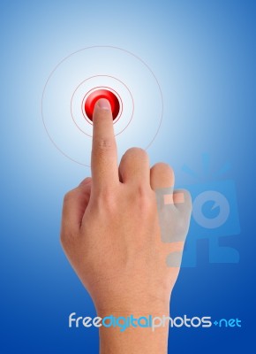 Hand Pushing Red Button Stock Photo