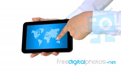 Hand Pushing tablet pc Stock Photo