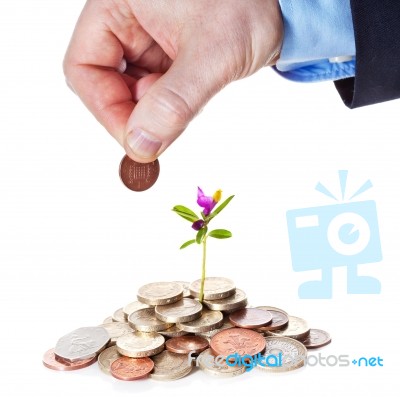 Hand Puts A Penny To A Heap Of British Coins Stock Photo