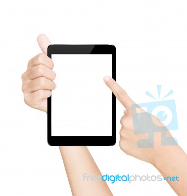 Hand Showing Black Tablet Isolated With Clipping Path Stock Photo