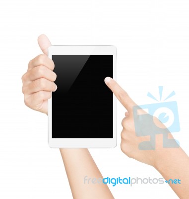 Hand Showing White Tablet Isolated With Clipping Path Stock Photo