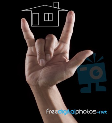 Hand Sign I Love You With House Out Line Stock Photo