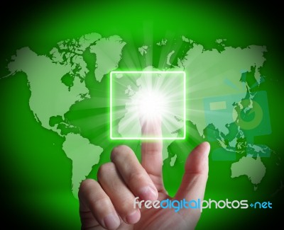 Hand Touch Touchscreen On World Map Shows Internet Web Stock Image