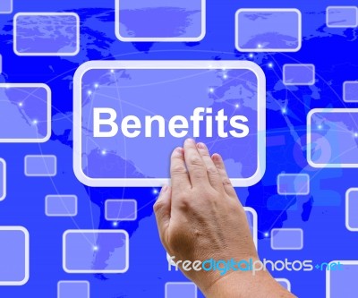 Hand Touching Benefits Button Stock Photo