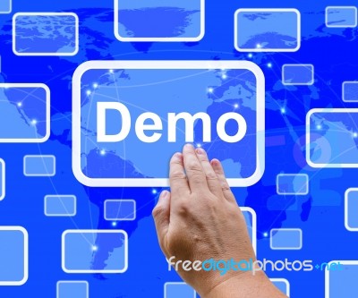 Hand Touching Demo Button Stock Photo