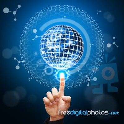 Hand Touching Digital Globe Stock Photo