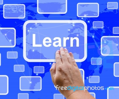 Hand Touching Learn Button Stock Photo