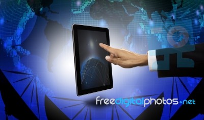 Hand Touching On Tablet Monitor Screen Stock Photo