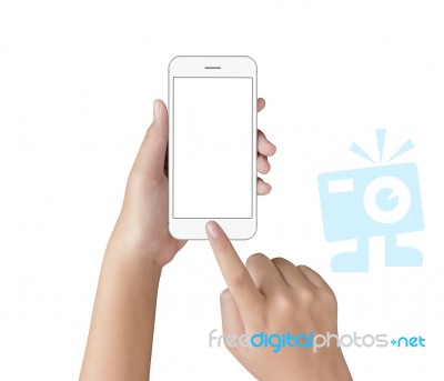 Hand Touching On White Phone Screen Isolated With Clipping Path Stock Photo