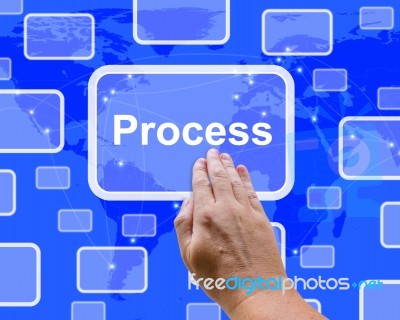 Hand Touching Process Button Stock Photo