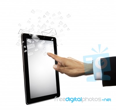 Hand Touching To Computer Tablet Screen Stock Photo