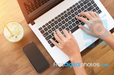 Hand Using Laptop Computer On Top Angle View Stock Photo